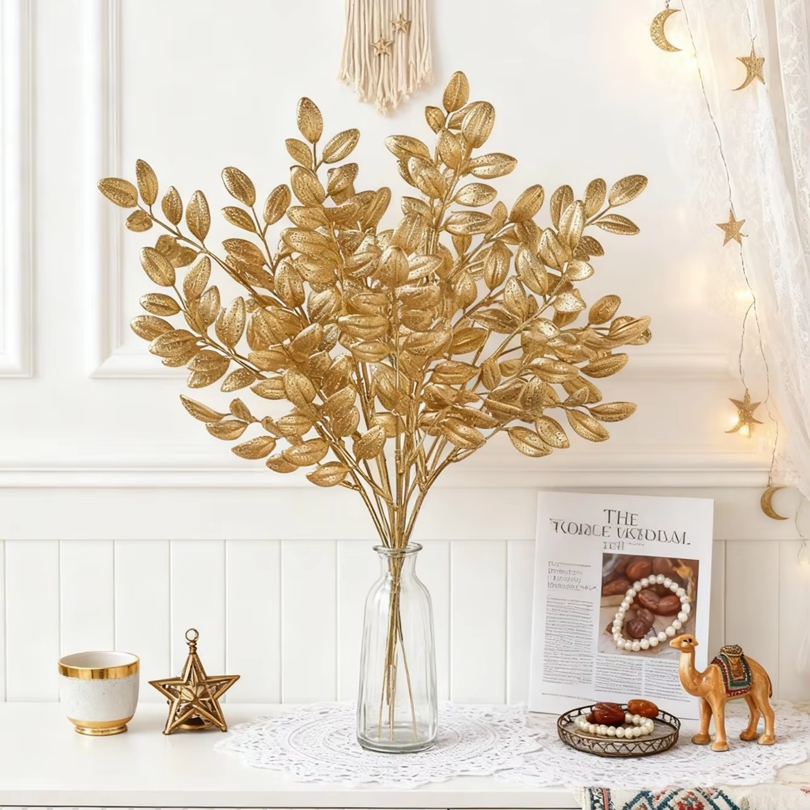 Desk Setup At Home - 10Pcs Artificial Golden Leaves Plants Holiday