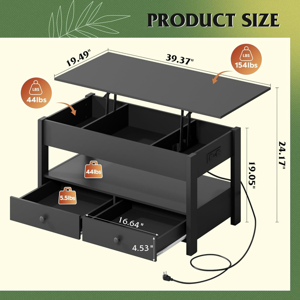 WLIVE Black Lift Top Coffee Ta - Desk Setup Shelves のレビューと価格